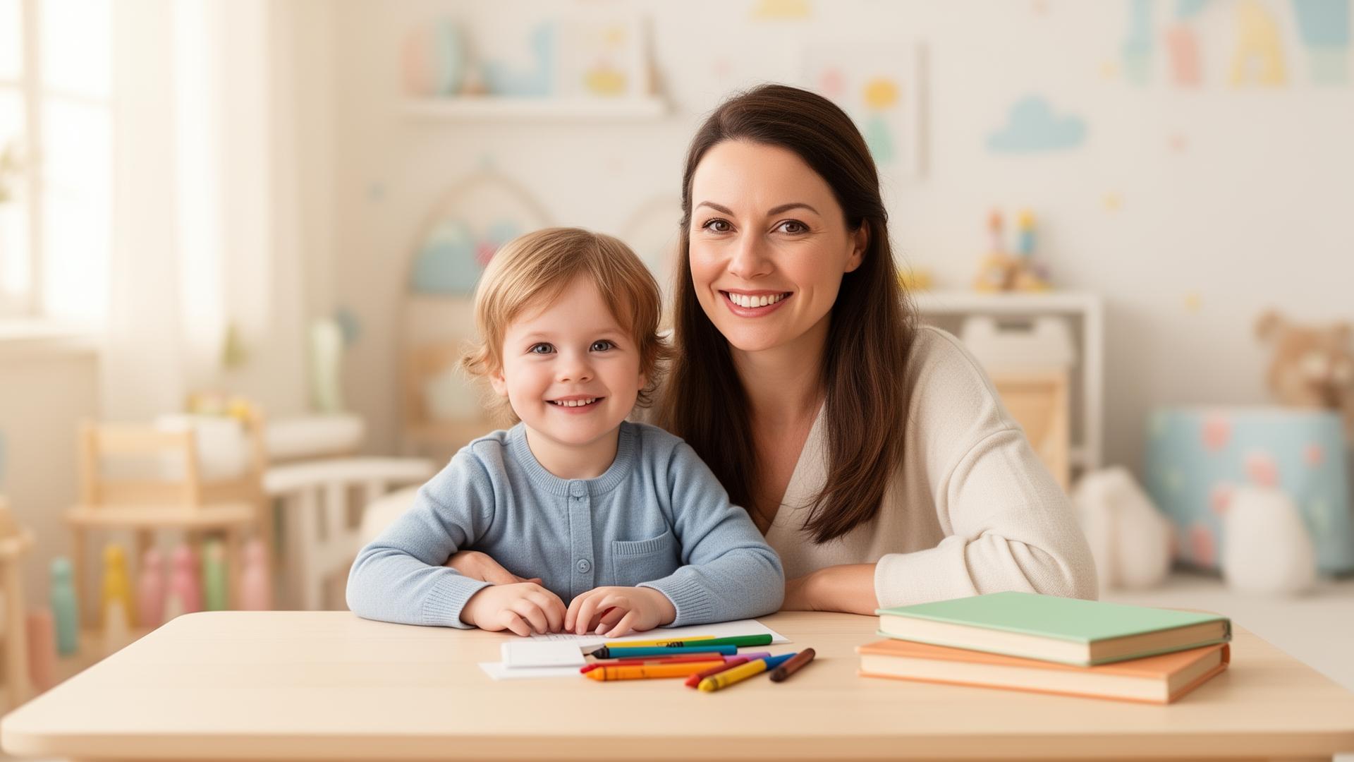 Parent and child drawing together in a calm, neutral visitation space